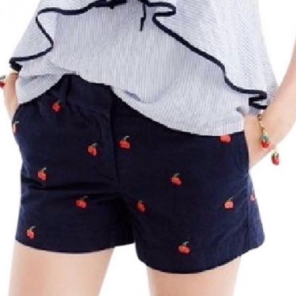 J. Crew Novelty Cherry Embroidered Shorts Navy Blue Red Preppy Chino 4 Classic